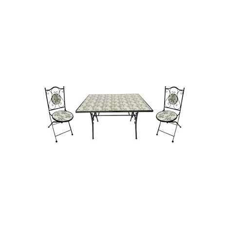 SET PER ESTERNO GIARDINO TAVOLO 120x80 E 2 SEDIE CON INSERTI IN CERAMICA MODELLO "MONTECARLO"