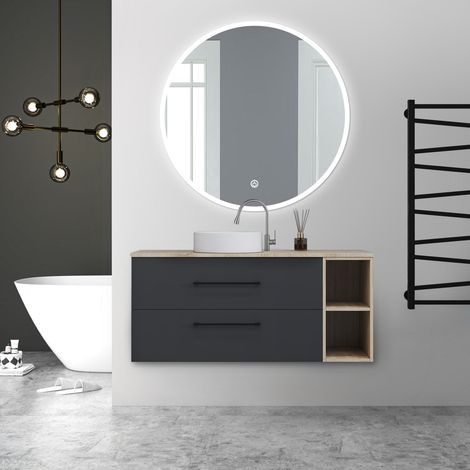 AICA Ensemble de meubles de salle de bain Suspendu avec Vasque + 2 Rangements Ouverts, 120x46x52cm, Rond Miroir LED