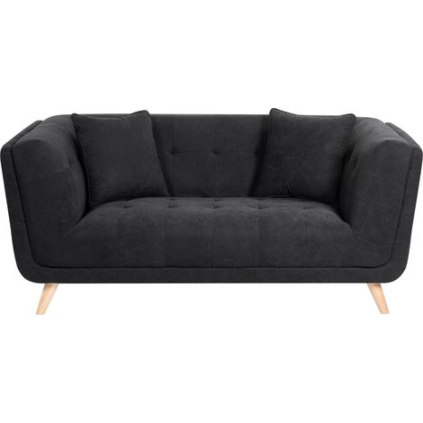 Sofá 2 plazas de tela con cojines decorativos patas de madera capitoné estilo retro negro Habo (1/5)