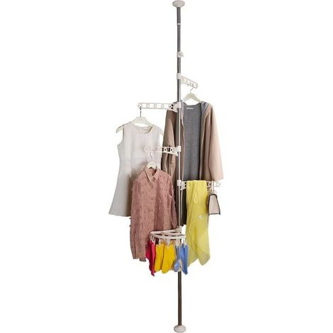Étendoir à Linge Intérieur Télescopique Sechoir a Linge Pliable Porte Manteau en Métal et Plastique avec 4 Bras et 11 Clips, Hauteur Réglable, pour Entrée, Chambre, Salon, Balcon, Ivoire (1/5)