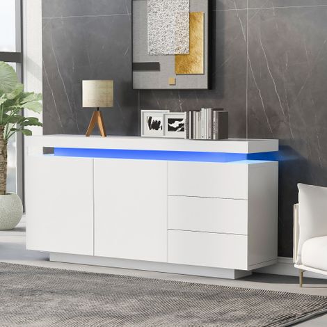 Buffet moderne de salon, meuble de rangement, commode  haute brillance avec LED, sans poignée, 140x35x72.5cm - blanc (1/5)