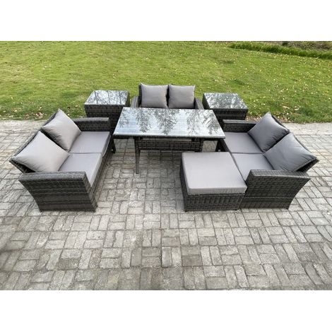 Fimous Wicker PE Rattan Garden Furniture Sets Outdoor Lounge Sofa Set with Oblong Dining Table Double Seat Sofa 2 Side Tables Big Footstool Dark Grey Mixed (1/5)