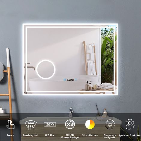 LED Badspiegel Lichtspiegel Wandspiegel Lichtspiegel Badezimmerspiegel, 80 x 60 cm Beschlagfrei+3 Lichtfarben Dimmbar+Uhr+3x Vergrerung Schminkspiegel+LED Memory Funktion (1/5)
