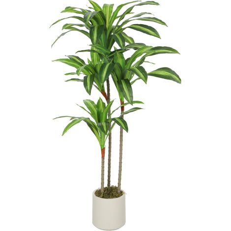 CHICFURN Dracaena artificiale 120 cm in plastica verde, steli flessibili, vaso bianco (1/5)