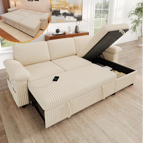 Canapé d’angle convertible 214x138,5x89 cm velours côtelé beige, rangement, pour salon – MEUBLIV (1/5)