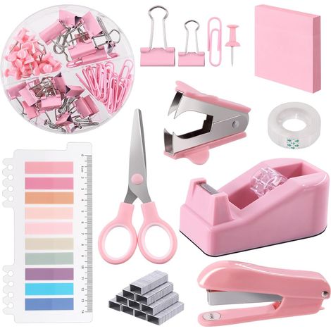 Kit de fournitures de bureau rose, 9 pièces, accessoires de bureau, y compris agrafeuse, distributeur de ruban, porte-onglets, ciseaux, trombones, ruban, clips et feuillets autocollants, idéal (1/5)