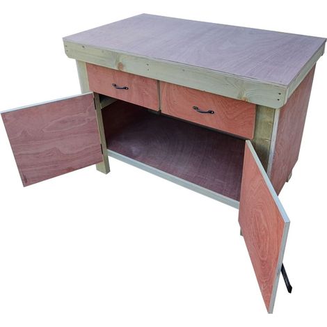 Wooden Eucalyptus hardwood top storage workbench with lockable cupboard and drawers (V.4) (H-90cm, D-70cm, L-180cm)