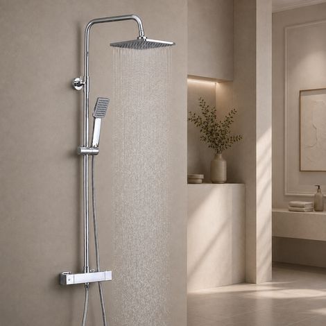 Aihom – Colonne de douche hydromassante thermostatique chromée – Hauteur réglable 1006-1206mm – Pomme pluie carrée 9 pouces – Sécurité anti-brûlure 38°C