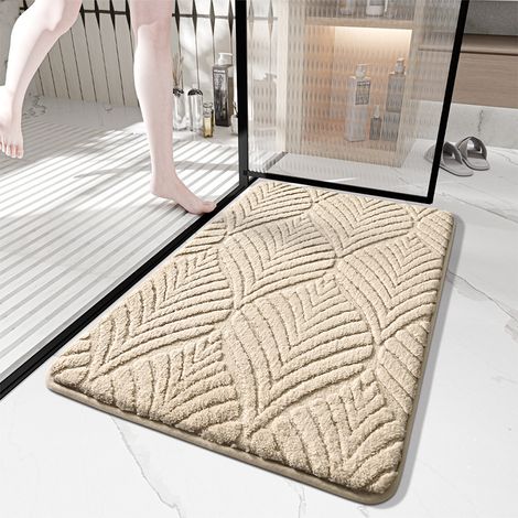 Tapis de porte et tapis de salle de bain absorbant beige clair 50×80 cm, motif feuillage jacquard velours polyester doux, antidérapant, lavable à la main (1/5)