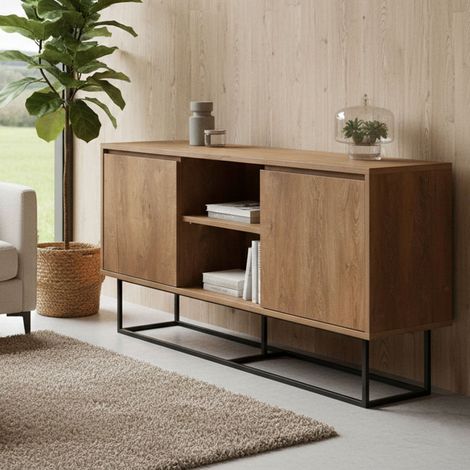 Dmora - Kommode Alrakis, Wohnzimmerbuffet, Wohnzimmer-Sideboard, Moderne Küchen-Speisekammer, 140x36h72 cm, Walnuss und Schwarz, mit verstärkter Verpackung (1/5)