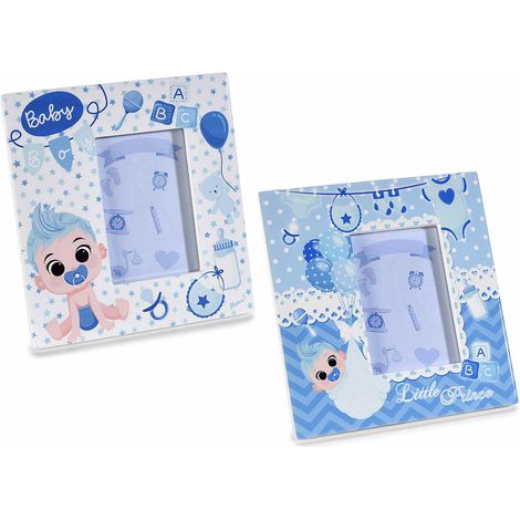 Portafoto in ceramica lucida blu nascita bimbo. Card scrivibile fai da te, set da 6 pezzi, cm 12 x 12,5 H