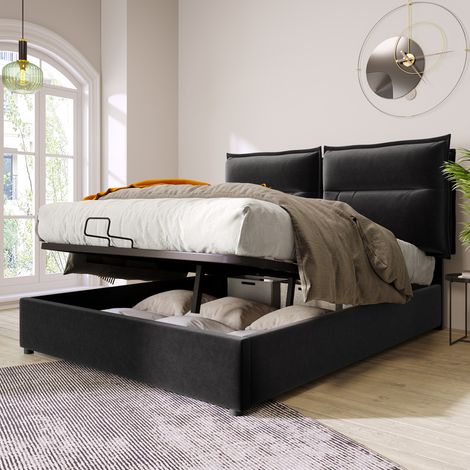 Lit double hydraulique - Velours noir - Tête réglable - Rangement intégré - 140x200cm (1/5)