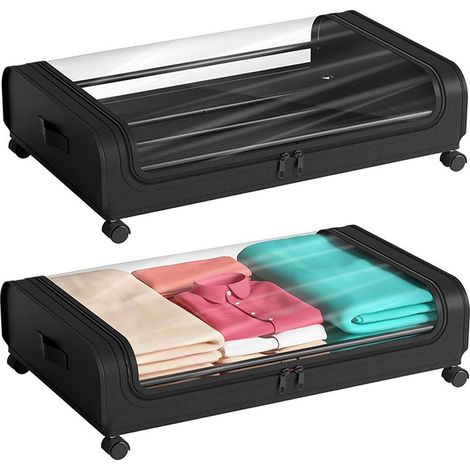 Coffre de rangement à roulettes sous le lit, grande capacité 60 L, en tissu anti-poussière, pliable, noir, 80 x 40 x 16 cm, Oxford noir, lot de 2 (1/5)