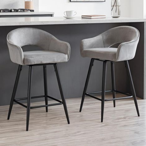 Wahson Juego de 2 Taburetes de Bar de Terciopelo Giratorio, Modernos para Cocina y Restaurante, Gris