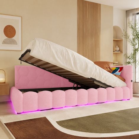 Lit coffre 90x200 cm avec LED velours rose HAVRYA (1/5)
