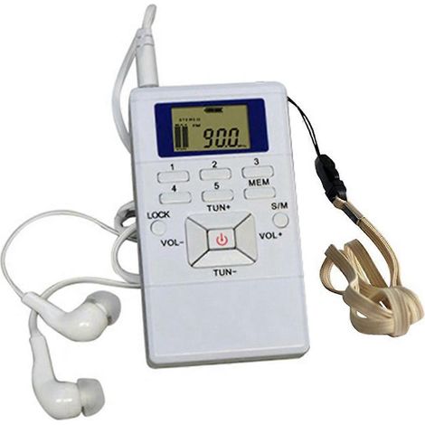 Mini radio FM portable avec horloge numérique et fixation par clip, blanche, pour réunions et interprétation simultanée (1/5)