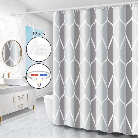 Rideau de Douche, Lavable,Rideaux de Douche en Tissu Impermeable,Lavable en Machine, en Polyester avec 12 Anneaux + Une Corde magnétique(Gris,180 x 200 cm) (1/5)