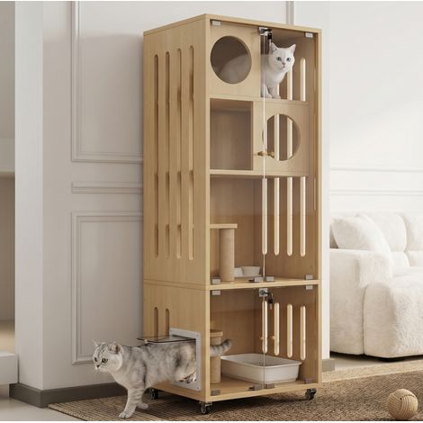 Casa interior para gatos con ruedas y puerta de cristal 60x50x156 cm natural OKMYHOME (1/5)