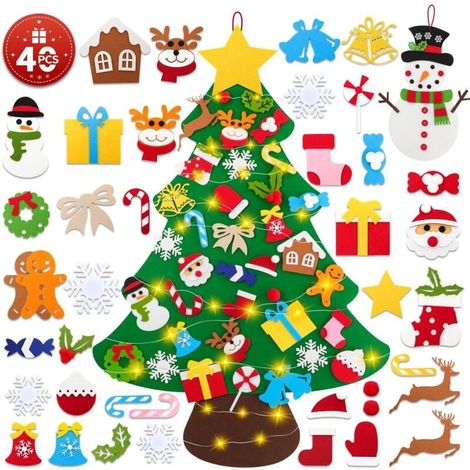 Sapin de Noël en feutre avec bonhomme de neige, 102 cm. Décorations de sapin de Noël pour enfants en feutre à faire soi-même avec lumières, 40 ornements amovibles, décorations de sapin de Noël, cadeau (1/5)