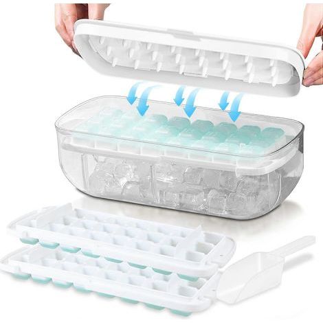 Cubitera con tapa, moldes de silicona aptos para uso alimentario, desmolde en un segundo, reutilizable, 48 cubitos de hielo. (1/4)