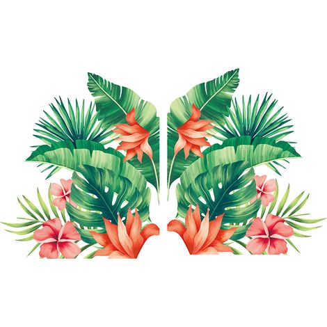 Ahlsen Conjunto de pegatinas de pared de flores de hibisco tropical, pegatinas de pared de plantas de hojas naturales, pegatinas de hojas verdes removibles para decoración (1/5)