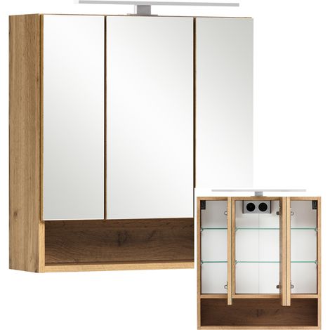 Spiegelschrank Bad 60 cm KAHLA-03 in Wotan Eiche Nb. mit LED Beleuchtung, B/H/T: ca. 60/64/20 cm (1/5)