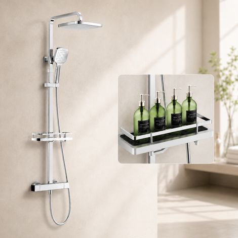 Aihom – Colonne de douche thermostatique chromée 38°C – Étagère intégrée 300x120mm – Hauteur réglable 1010–1260mm – Installation sans perçage – Douchette 3 jets en inox