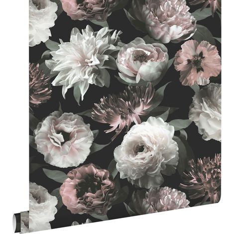 papier peint fleurs noir, blanc et rose clair - ESTAhome (1/5)