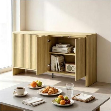 Buffet 147x40x77, 4 Portes, Étagères Réglables, Portes Push-Pull - Buffet salon - Meuble de Rangement, Style Scandinave, Effet Chêne (1/5)