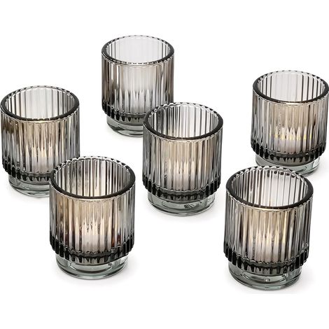 Lot de 6 photophores Vintage en Verre côtelé Gris fumé pour décoration d'automne, décoration bohème, décoration d'étagère, Cadeau d'hôtesse ou décoration d'intérieur (1/5)