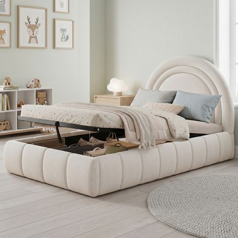 Cama infantil con almacenamiento hidráulico beige OKMYHOME (1/5)