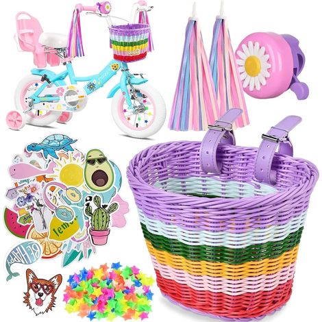 Panier de vélo pour enfant - Panier de vélo avant pour enfants - Avec sangles en polyuréthane, autocollants, glands de vélo et sonnette de vélo - Accessoires de vélo pour enfants - Couleur arc-en-ciel (1/5)