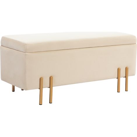 Banc de rangement en velours beige avec pieds en bois 100 x 40 x 42 cm (1/5)