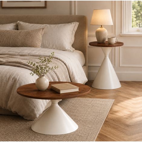 Lot de 2 tables basses rondes, tables d’appoint Ø70 x H40 cm et Ø50 x H50 cm, plateau en bois foncé et pied en métal crème, pour salon, chambre ou entrée CHICFURN (1/5)