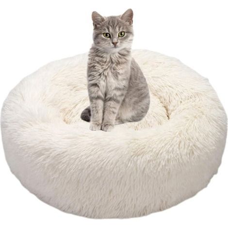 Rundes, flauschiges Hunde- und Katzenbett – beruhigendes Anti-Stress-Plüschkissen für Katzen und Hunde, bequemes, waschbares Donut-Bett für Katzen, kleine und mittelgroße Hunde (weiß) (1/4)