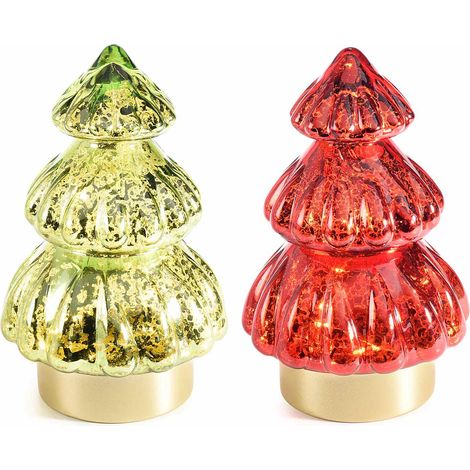 Albero di Natale a lampada in vetro lavorato con luci LED, set da 2 pezzi, Ø 12 cm x 18,5 H