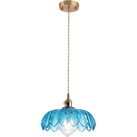 Suspension Lampe Industriel Vintage Verre Lotus Abat-Jour Pendentif Lumière Rétro E27 Finition En Laiton Suspendu Plafonnier (Bleu) (1/5)