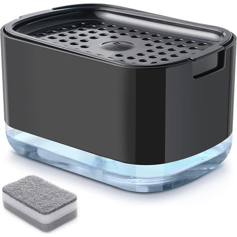 Distributeur de savon liquide et porte-éponge avec éponge, distributeur de liquide vaisselle 300 ml (10 oz) pour la cuisine, noir (1/5)