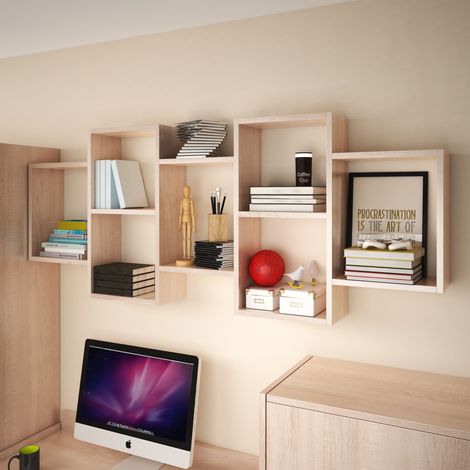 Bratex – Étagère murale TRIO 001 – Panneau laminé 18mm – 161 cm largeur – 65 cm hauteur – 18 cm profondeur – 7 éléments carrés – Fixation murale (1/4)
