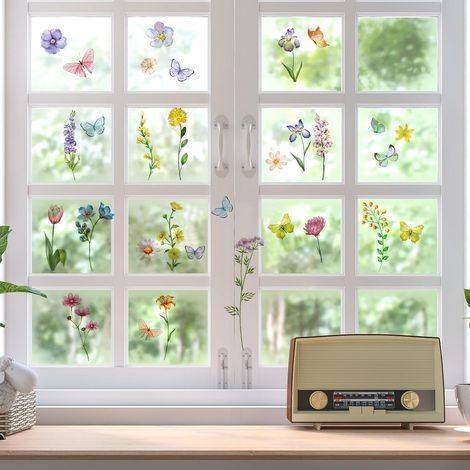 Juego de 31 pegatinas florales para ventanas, reutilizables y autoadhesivas, con mariposas y motivos primaverales. Perfectas para ventanas, habitaciones infantiles y dormitorios. (1/5)