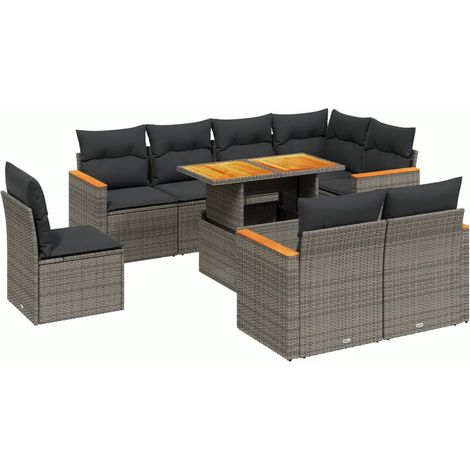 Salon de jardin 9 pcs Mobilier de jardin avec coussins gris résine tressée (1/5)