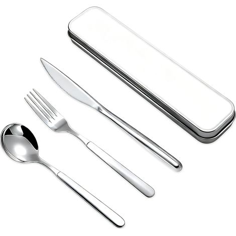 Set de Couverts Lunch Box de Camping, 3PCS Couverts Inox avec Boite Couvert a Emporter, Lavable au Lave-Vaisselle, Couteau Fourchette Cuillère Étui Portable pour Voyage Camping Bureau Déjeuner (1/5)