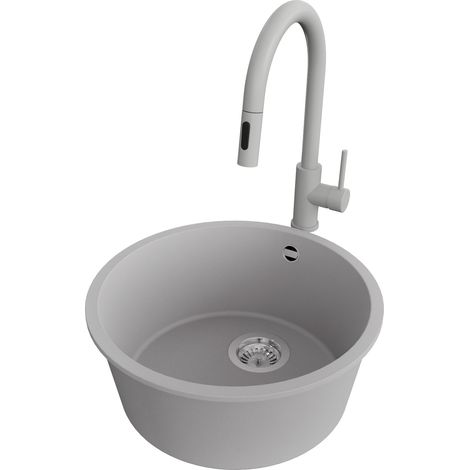 PRIMAGRAN Evier cuisine Granit Rond 46x46cm,Evier 1 bac + Robinet 40x20cm + Kit de Vidage, Lavabo Cuisine au meuble 50cm - La Valette Slim, Gris (1/5)