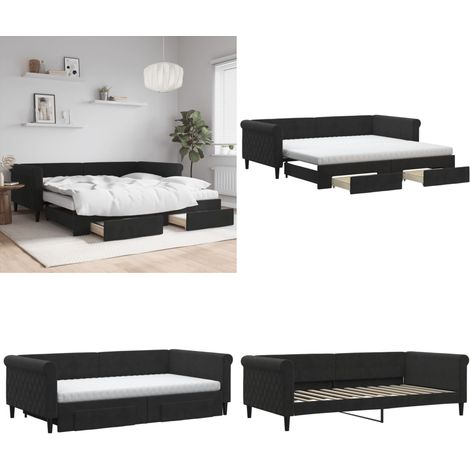 Tagesbett Ausziehbar mit Schubladen Schwarz 100x200 cm Samt - Schlafcouch - Sofa Bett - Gästebett - Tagesbett - Ausziehbares Bett - Home & Living (1/5)