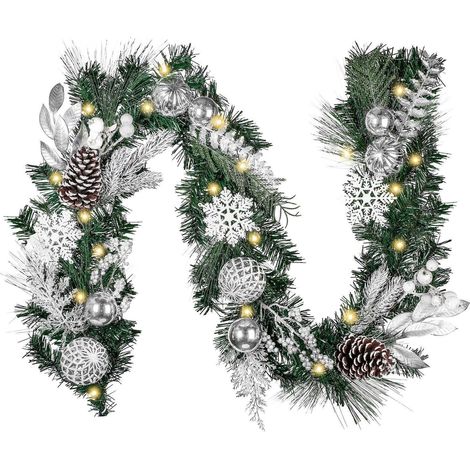 Weihnachtsgirlande 183cm mit 20 LEDs, Timer, Kugeln & Tannenzapfen, Silber Weiß (1/5)