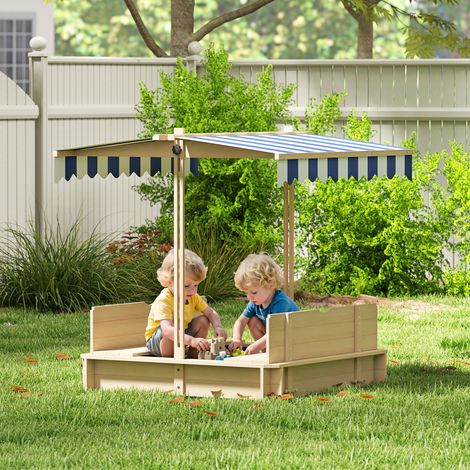 Bac sable carré bois enfants dim. 106x106 cm avec bancs, couvercle, auvent réglable