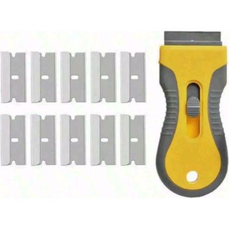 Lot grattoirs multi-usages – Outil de nettoyage avec 10 lames métalliques – Pour plaques de cuisson, fenêtres, stickers et mastic,Jaune (1/5)