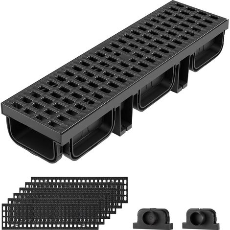 Caniveau de Drainage Linéaire Extérieur 510x140x90 mm Lot de 6 PEHD, Caniveau avec Grilles et Embouts, Système de Drainage pour Terrasse, Piscine, Allée, Cour, Jardin, Garage et Trottoir, Noir (1/5)