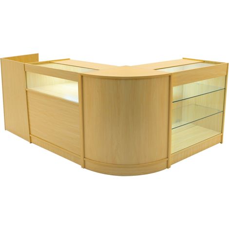 Set Mostradores Comerciales "POLARIS"   Arce CM60 + B900 + K900 + TB60 MDF y vidrio templado  Estantes y puertas corredizas con cerradura  Fácil Montaje  Mostrador Recepción Expositor Comercial Mesa