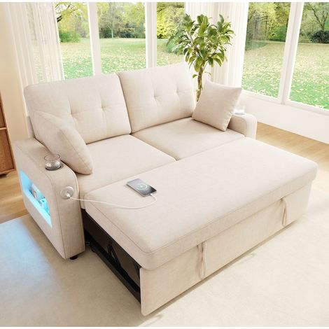 Canapé-lit 2 places avec LED, ports USB/Type-C, porte-gobelets et rangement, beige (1/5)